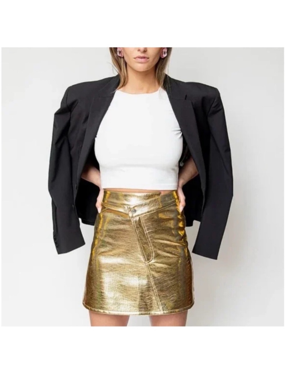Torn by Ronny Kobo Donny Faux Leather Mini Skirt Metallic Gold